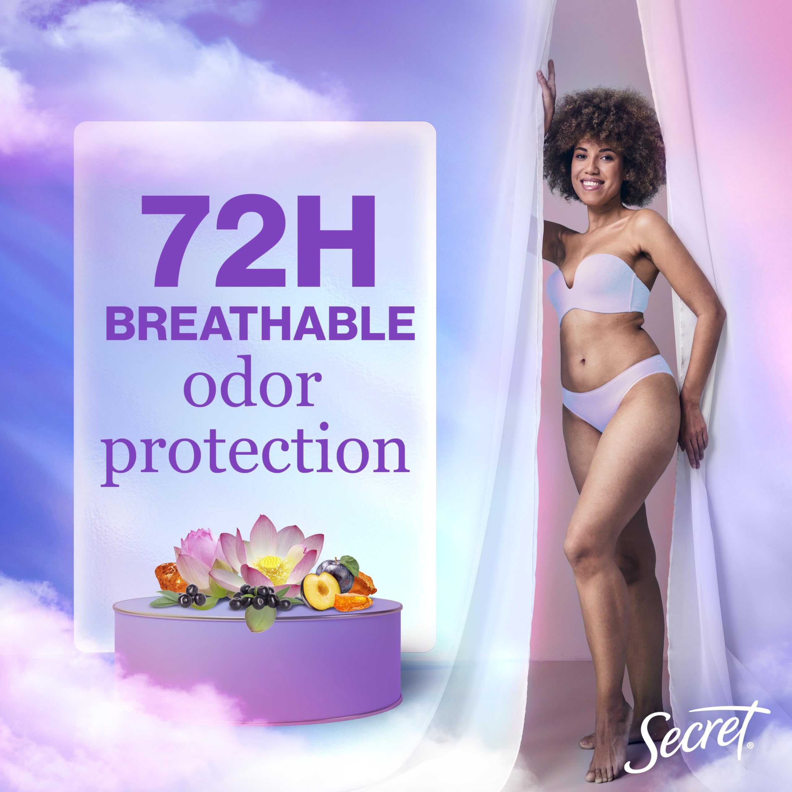 Secret Fresh minerals label close-up highlights pH-balancing minerals for skin balance.