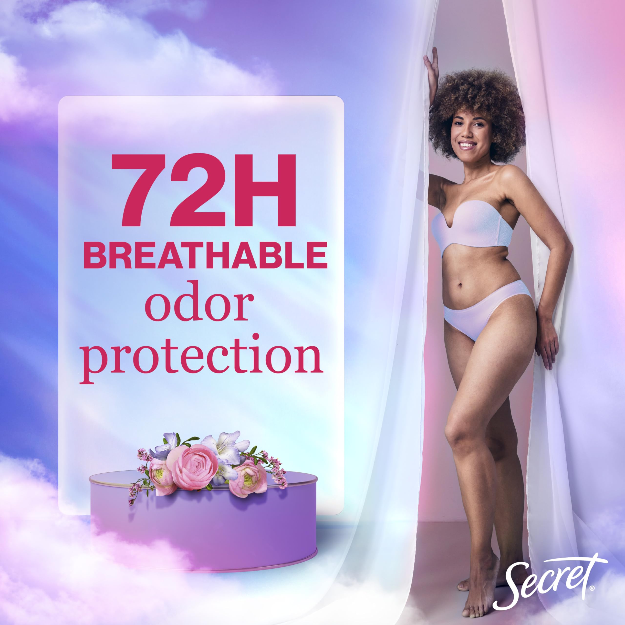Secret Fresh rose scent packaging suggests gentle fragrance for daily wear.