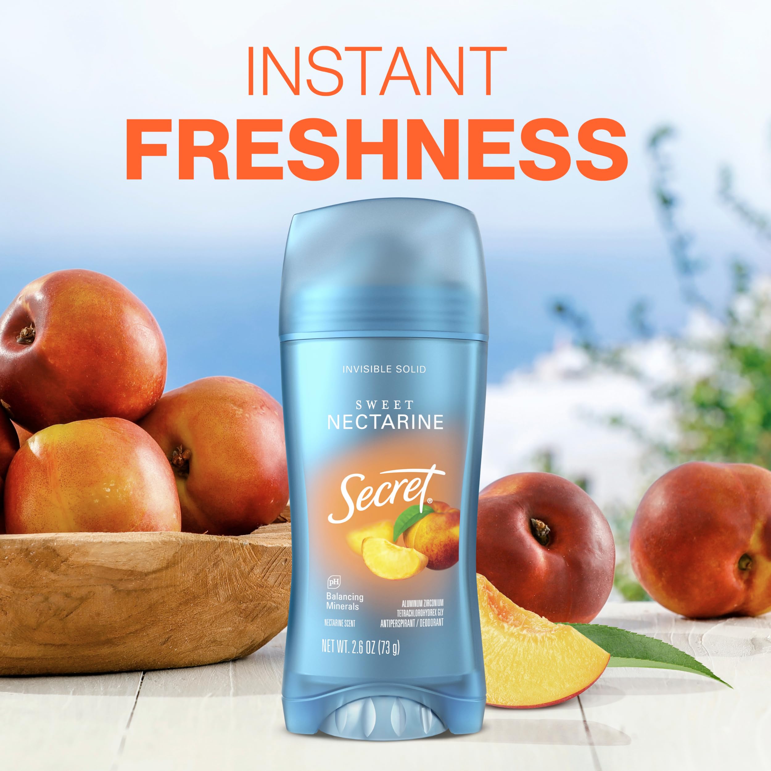 Secret Fresh sweet nectarine scent packaging image conveying a refreshing daily fragrance.