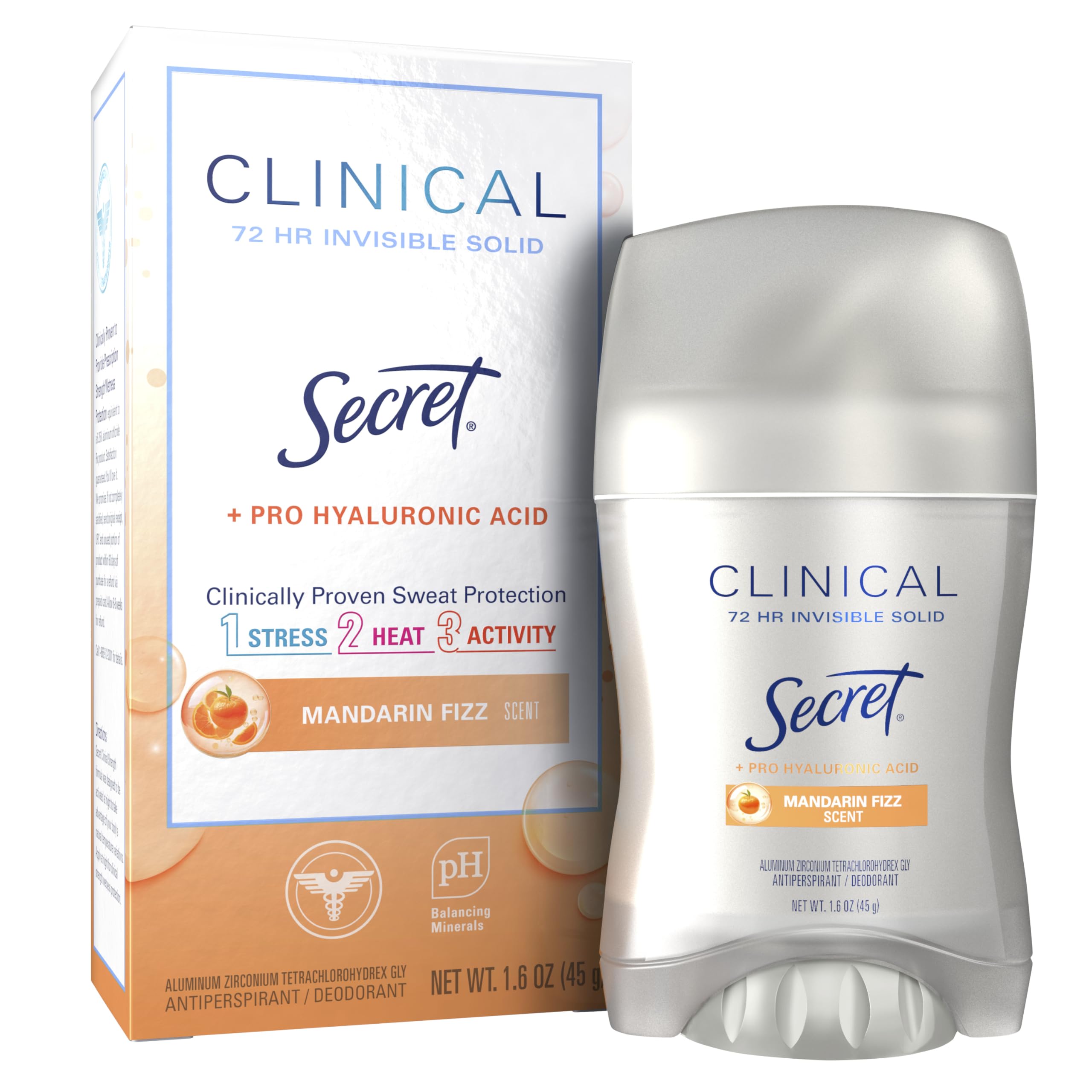 Secret Fuerza Clinica Mandarin Fizz en botella, protección duradera para días activos.