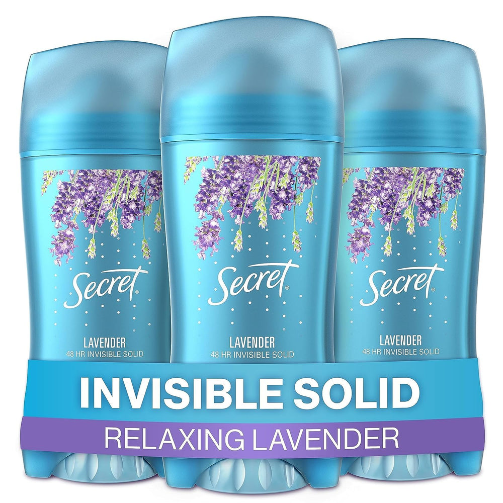 Secret Lavanda desodorante invisible sólido 2,6 oz, paquete de tres para uso diario.