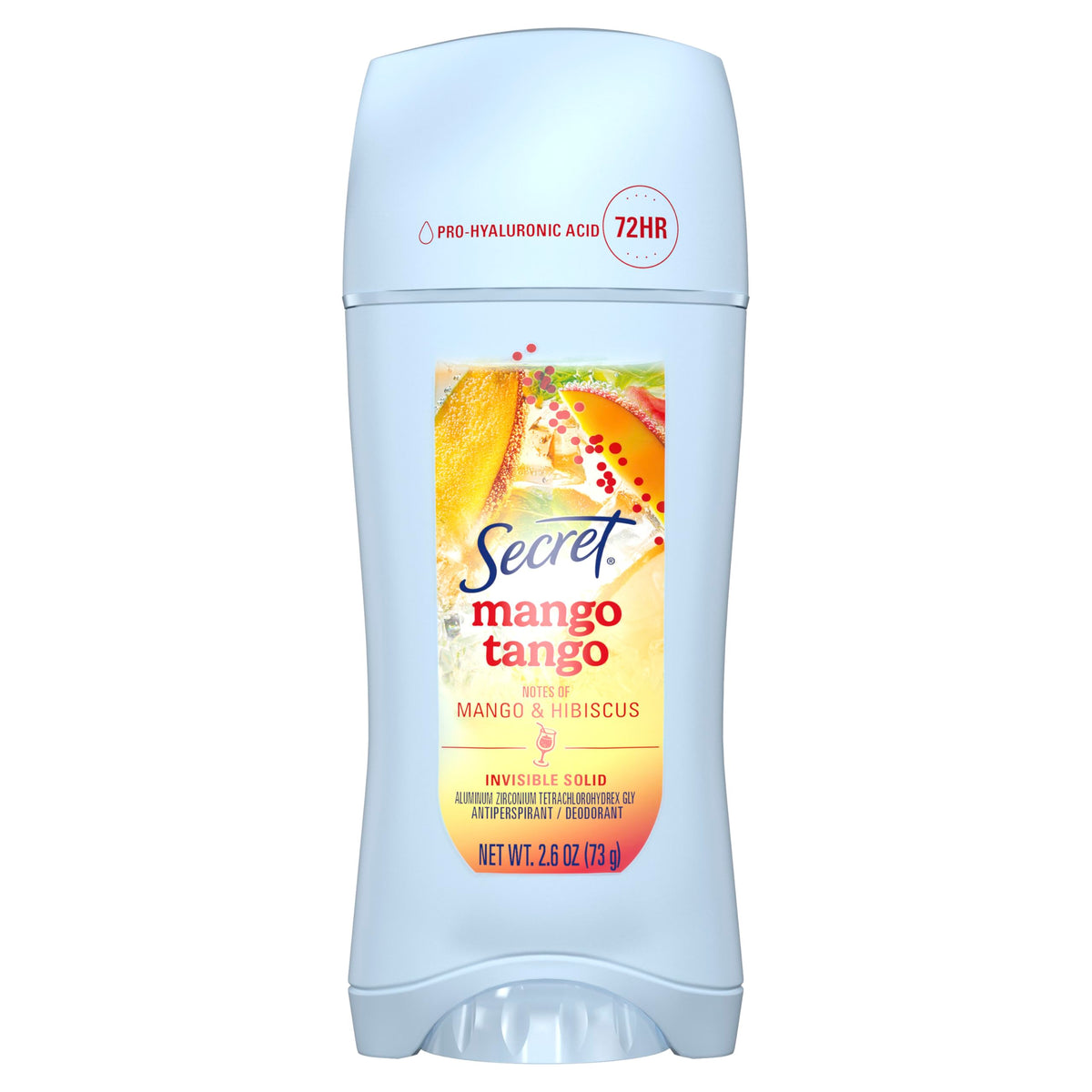 Secret Mango Tango desodorante sólido invisible en primer plano, aroma afrutado para uso diario.