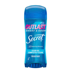 Secret Outlast bottle with clear gel offering long-lasting protection without staining clothing.