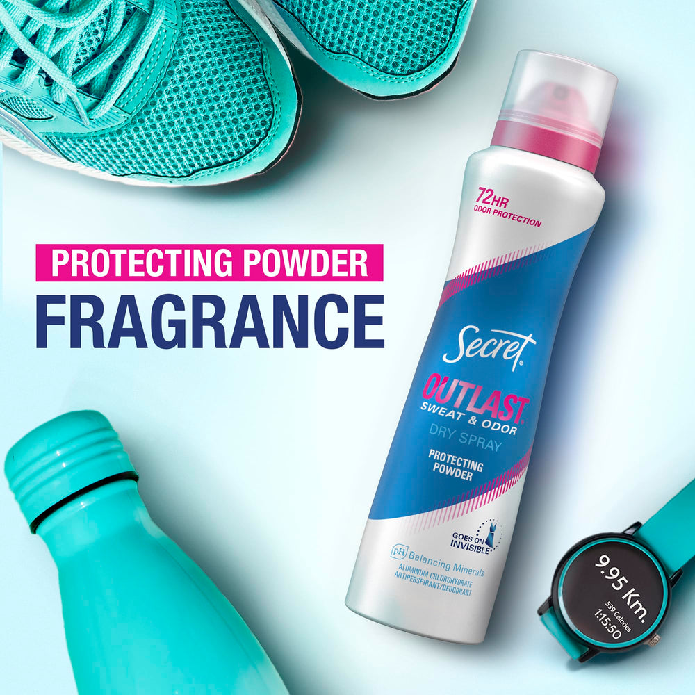 Secret Outlast Dry Spray 72-hour protection badge highlights extended odor control
