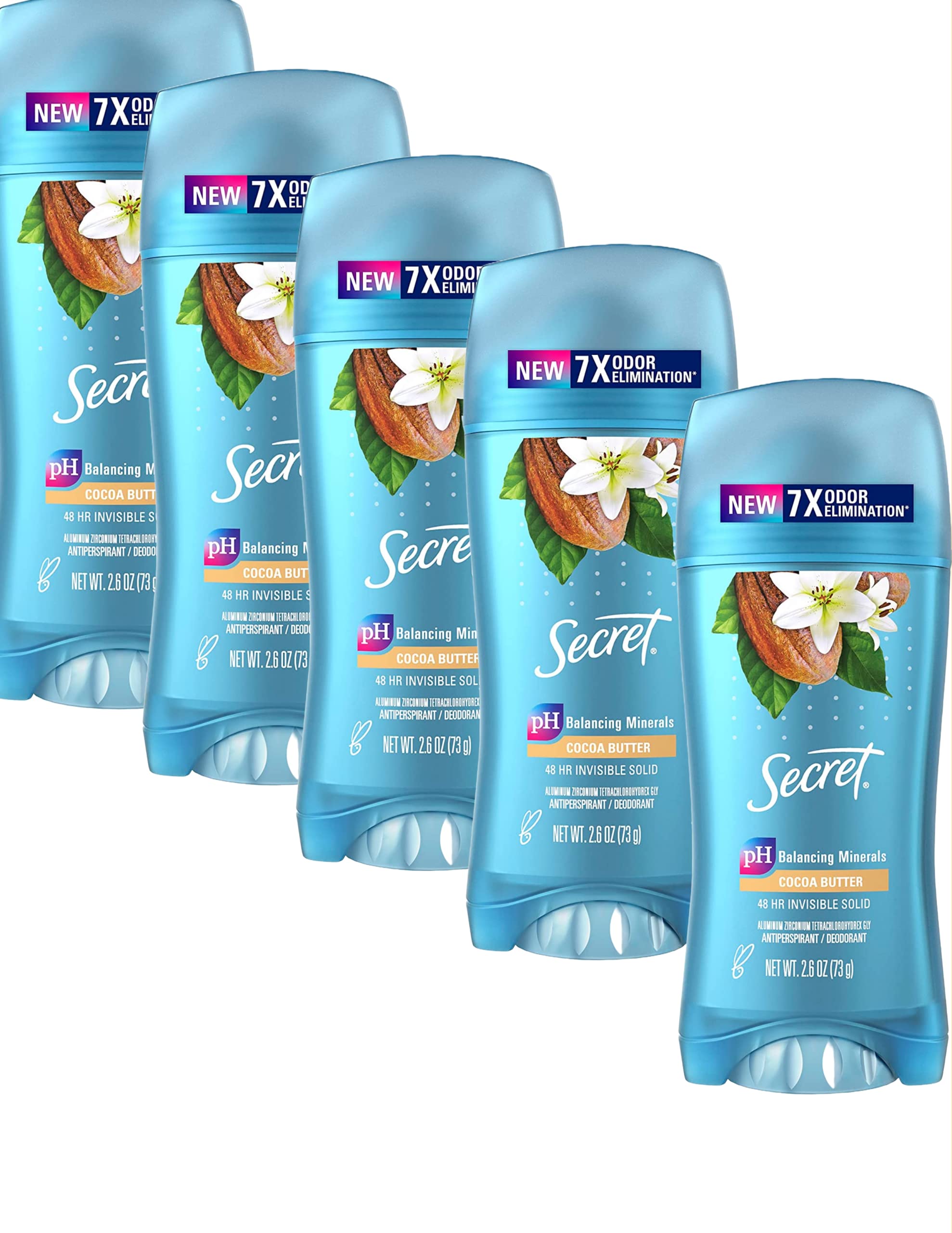 Secret Scent Expressions invisible solid coco butter 5-pack packaging, travel-friendly deodorant.