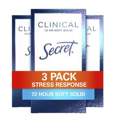 Secret three-pack Soft Solid Stress Response deodorant ready for busy days with extended protection.