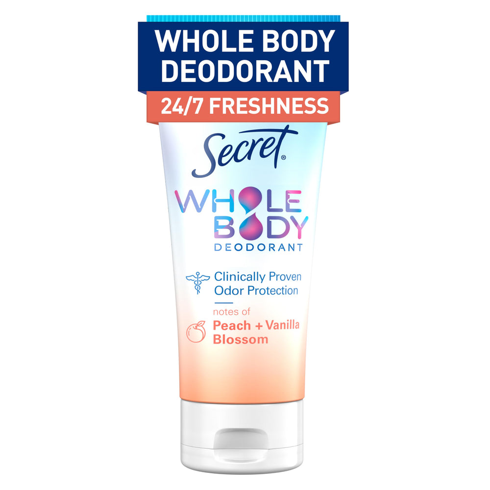 Secret Whole Body Deodorant Cream bottle showing peach and vanilla scent for everyday freshness.