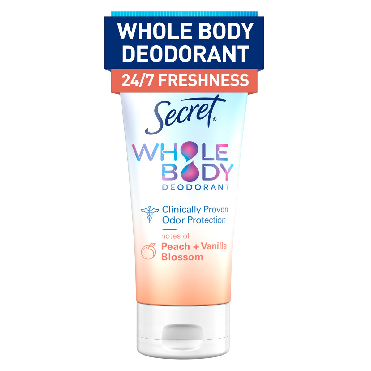 Secret Whole Body Deodorant Cream bottle showing peach and vanilla scent for everyday freshness.