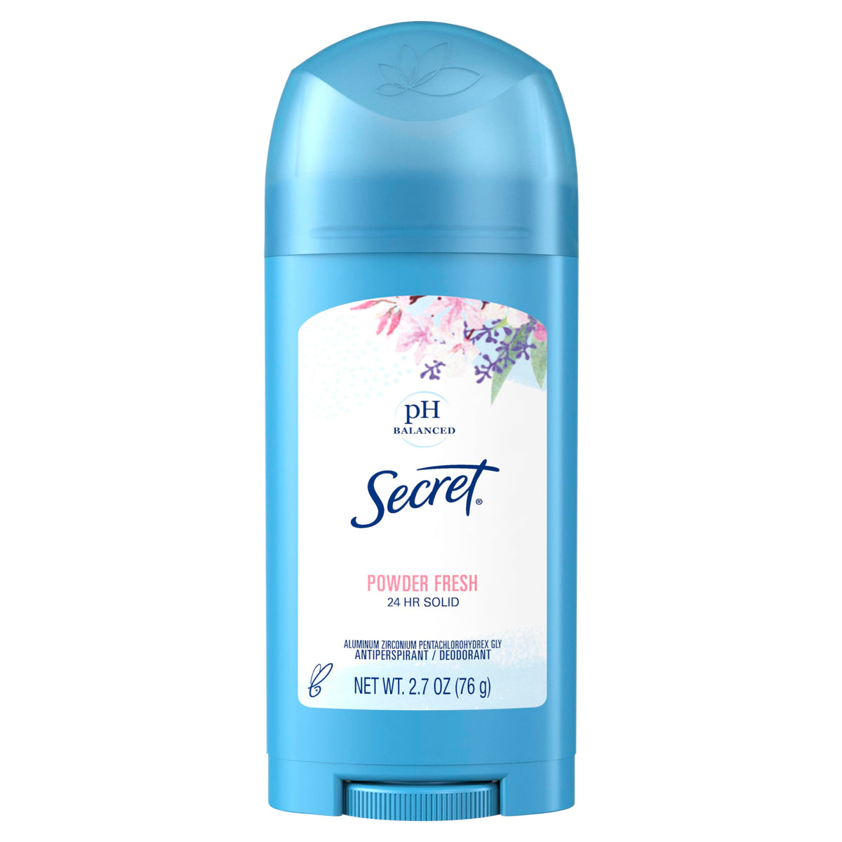 Secret Wide Solid Powder Fresh bottle offers all-day freshness and protection.