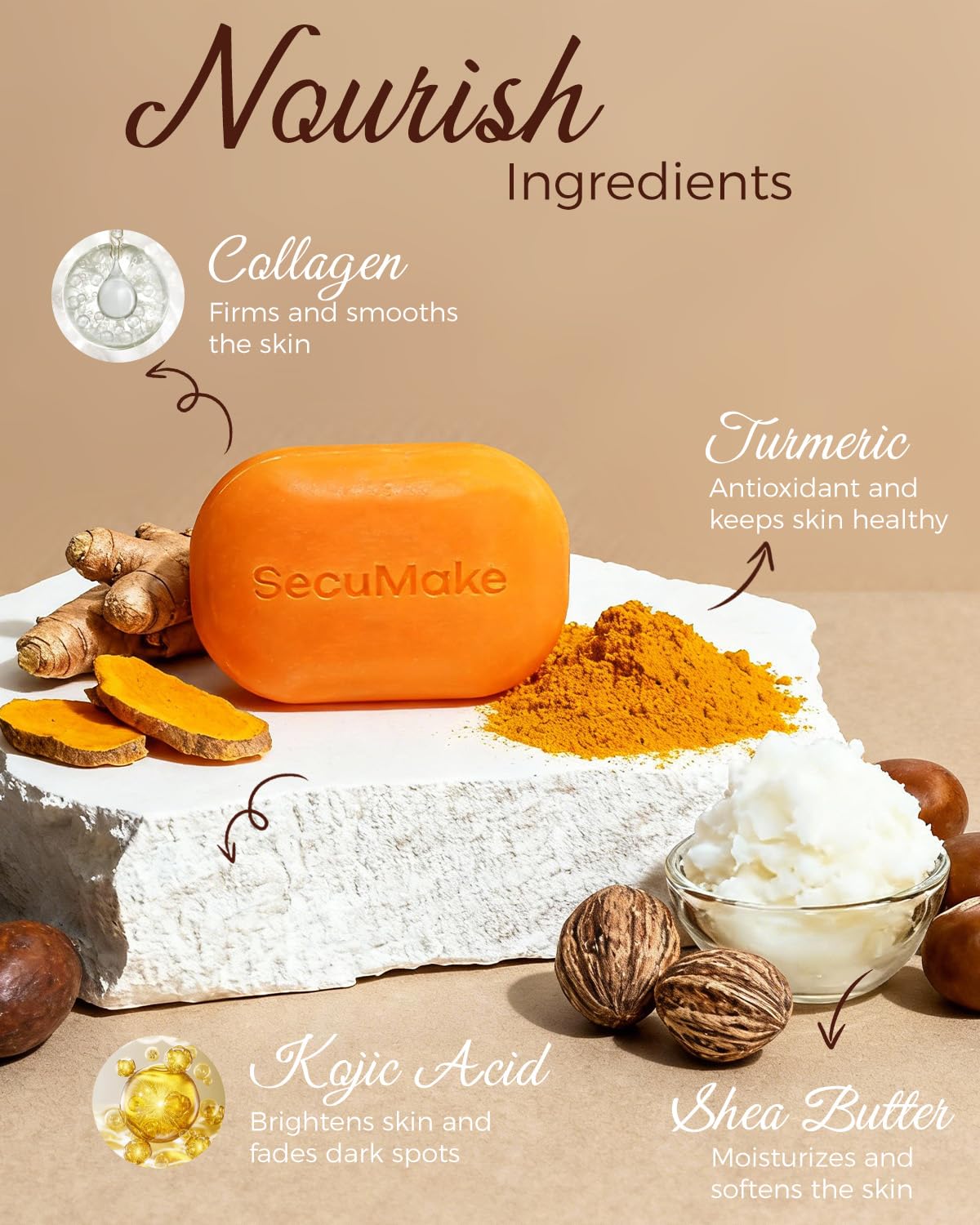 Turmeric swirl on SecuMake Kojic Acid Soap signals vibrant color and soothing care.