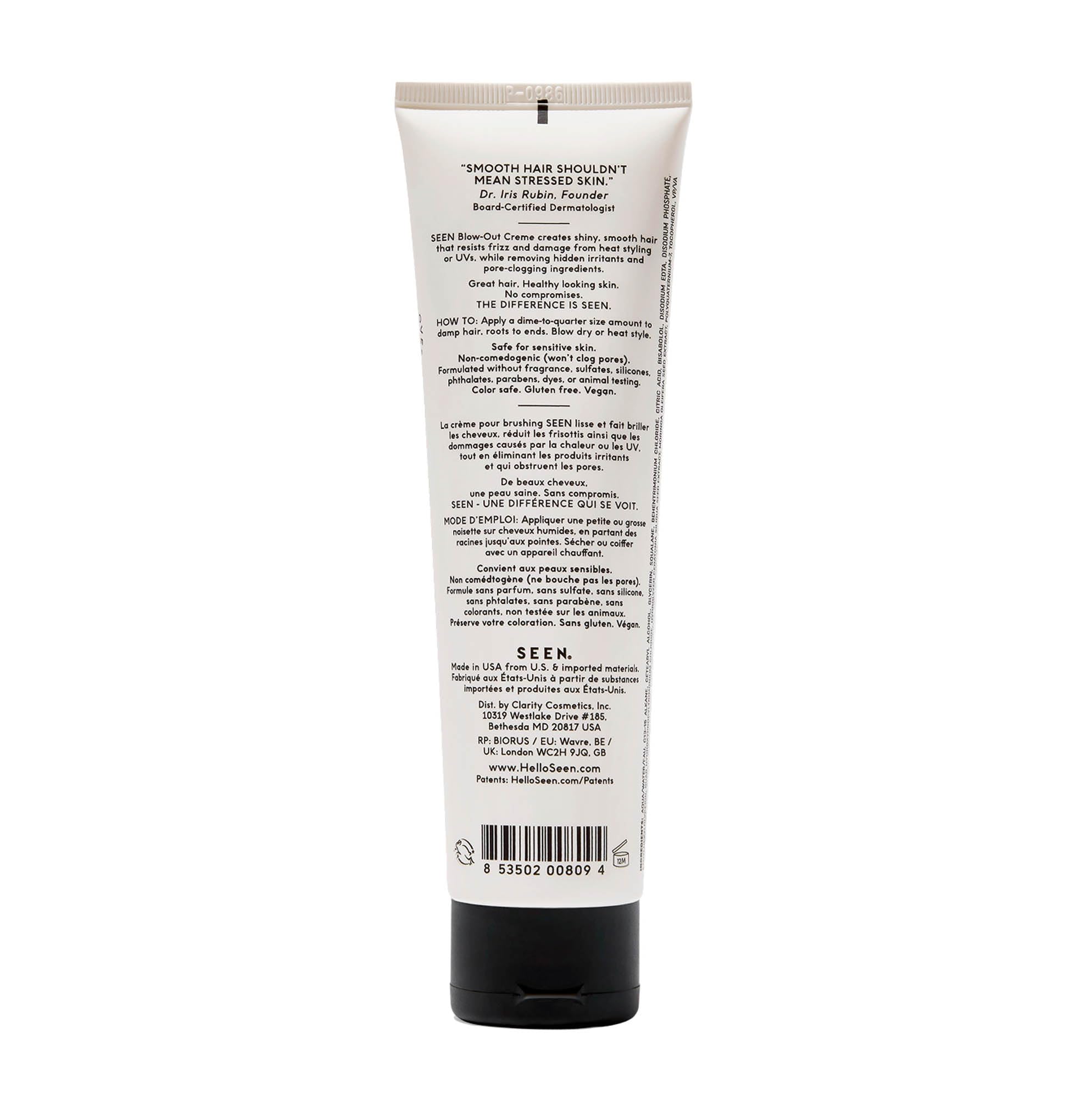 SEEN Blow-Out Creme being applied to hair for frizz control and shine.