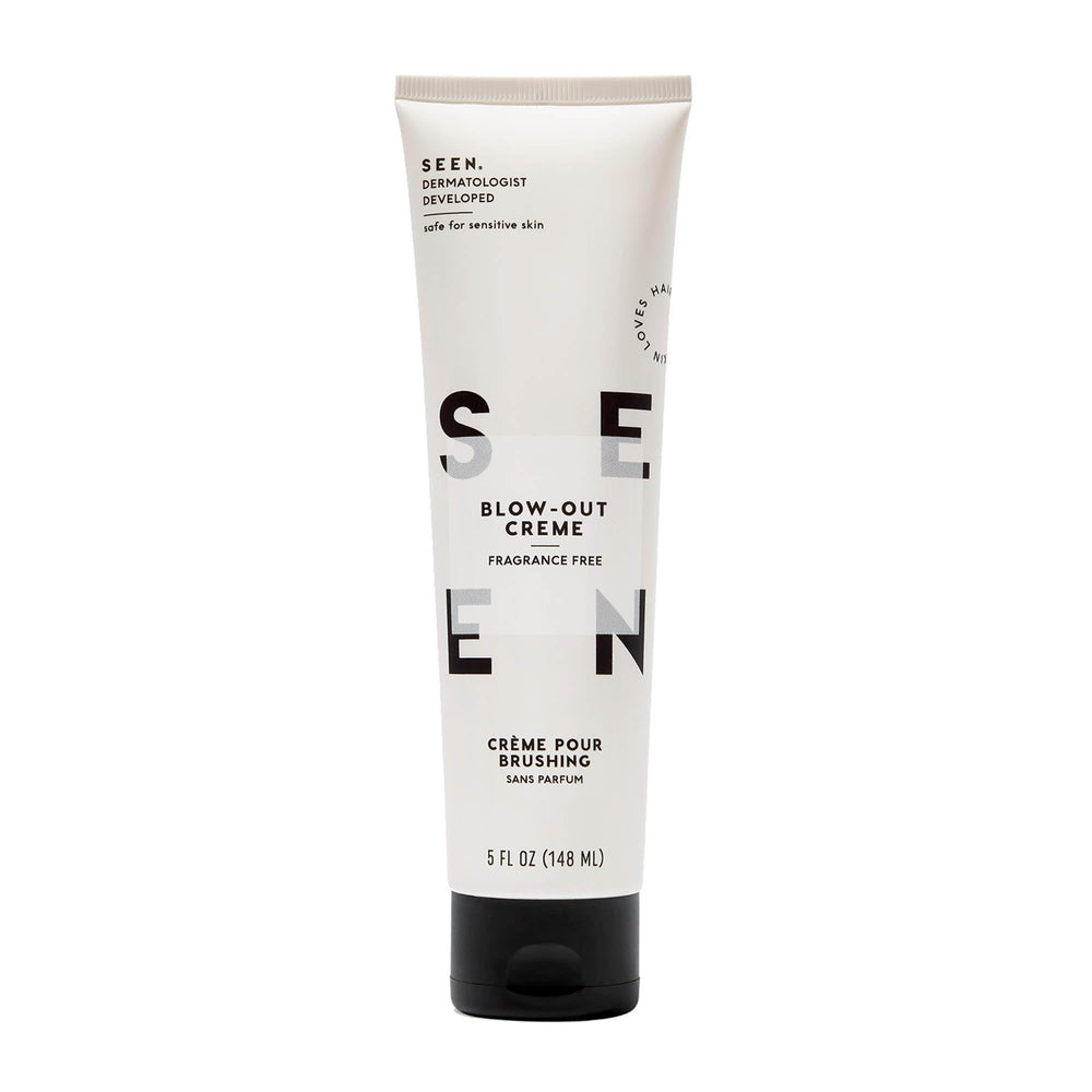 SEEN Blow-Out Creme fragrance-free bottle shows safe styling for sensitive skin.