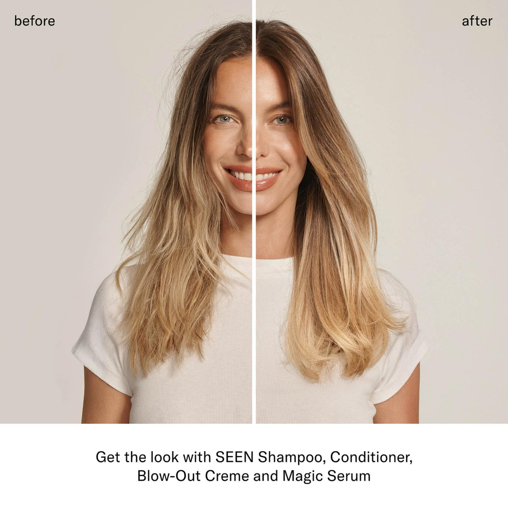 SEEN Blow-Out Creme bottle highlights heat protection up to 450 F.