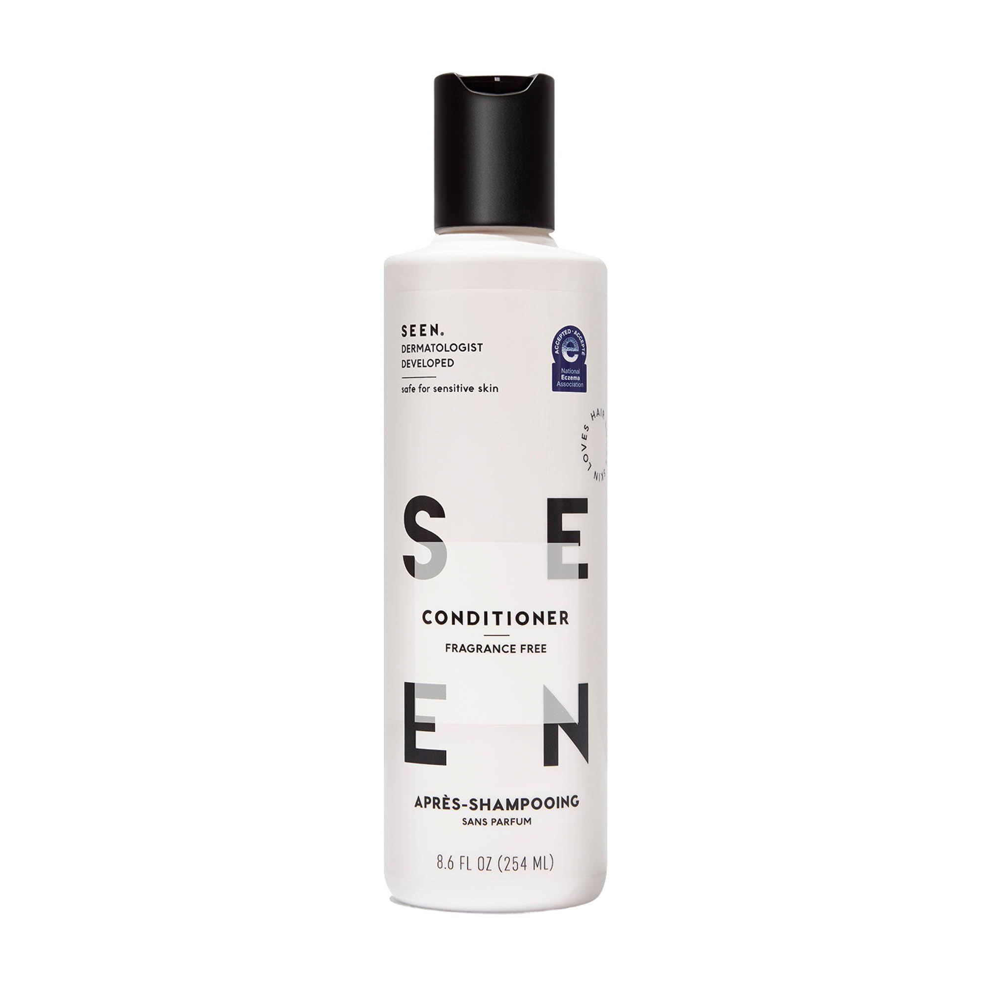 SEEN fragrance-free conditioner bottle showing lightweight formula for sensitive skin