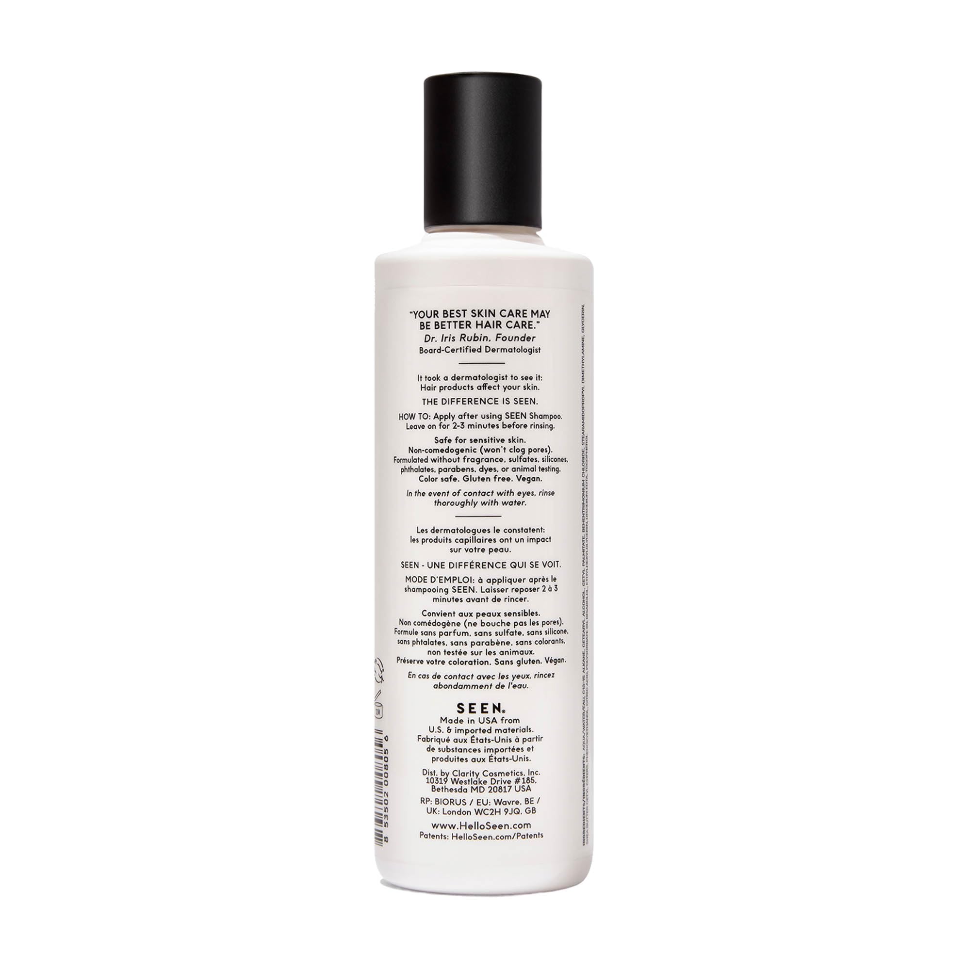 SEEN fragrance-free conditioner label emphasizes non-comedogenic skin-safe care
