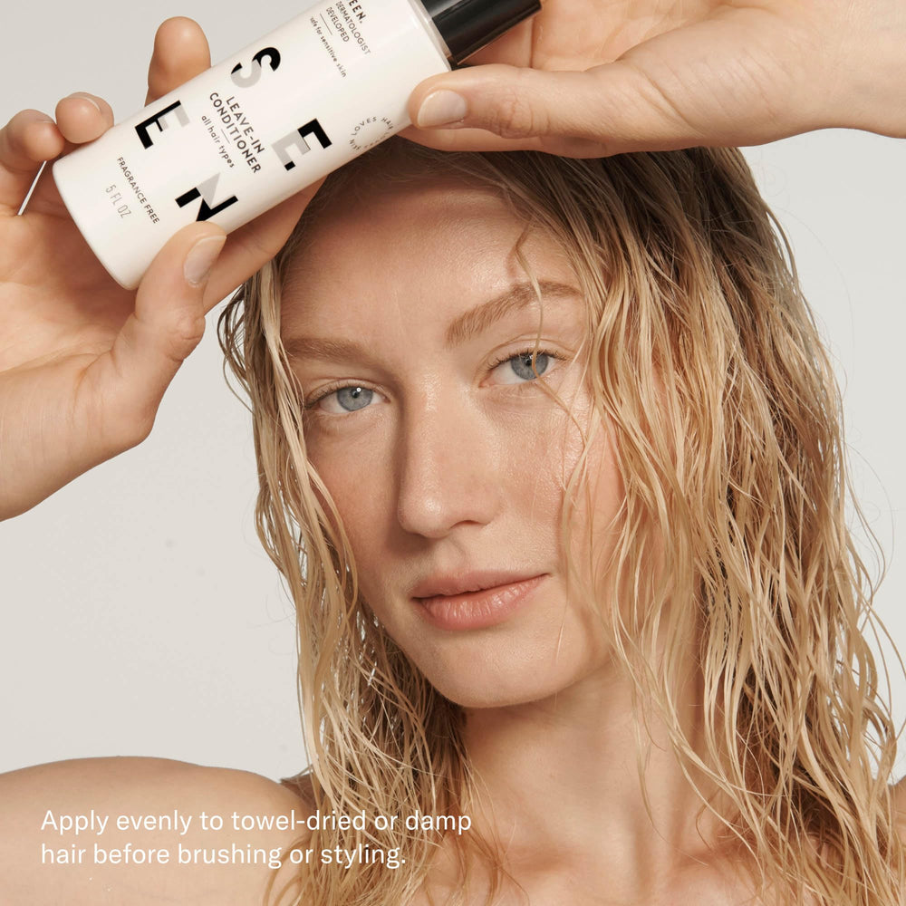 SEEN conditioner on a bathroom shelf, safe for sensitive and acne-prone skin.