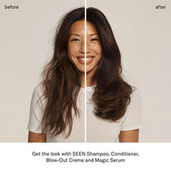 Seen Conditioner scented label close-up highlights non-irritating, non-comedogenic design