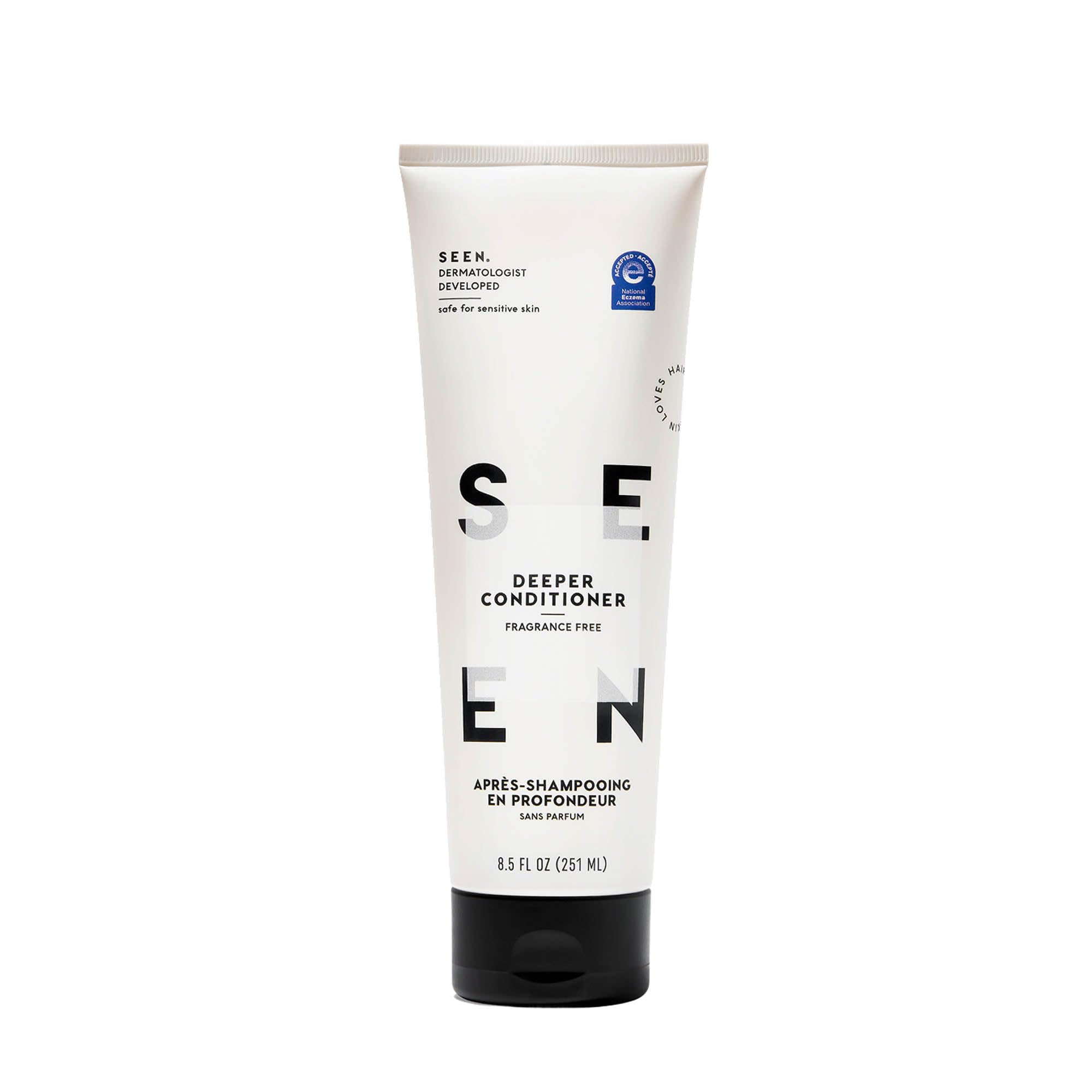 SEEN Deeper Conditioner bottle front showing fragrance-free formula for sensitive skin.