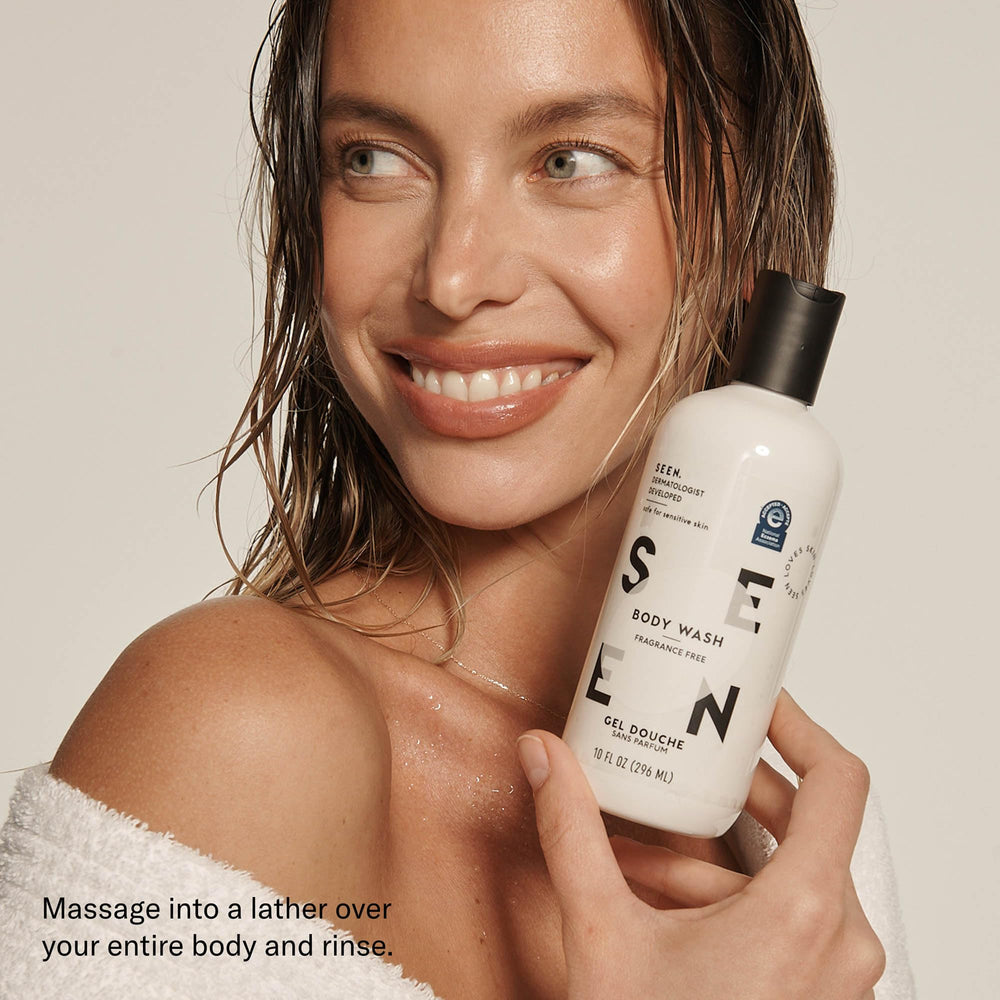 SEEN fragrance-free body wash bathroom-shelf scene highlights suitability for eczema- and acne-prone skin.