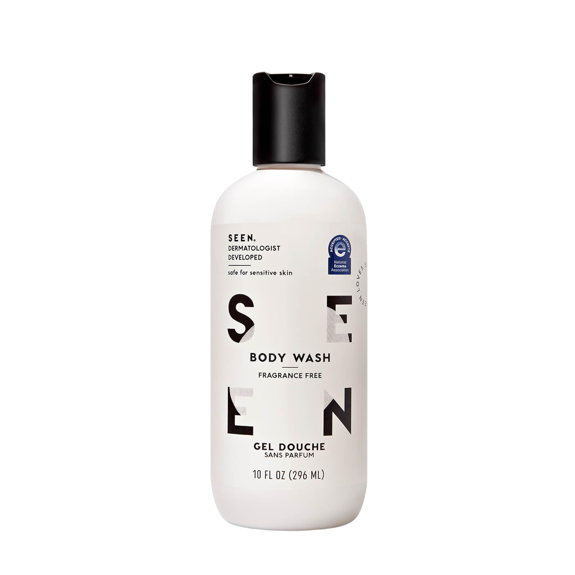 SEEN fragrance-free body wash bottle front for sensitive-skin daily cleansing.