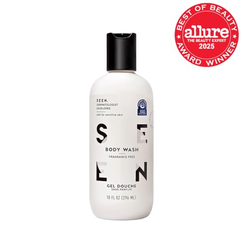 SEEN fragrance-free body wash label close-up shows a non-irritating, dermatologist-developed formula.