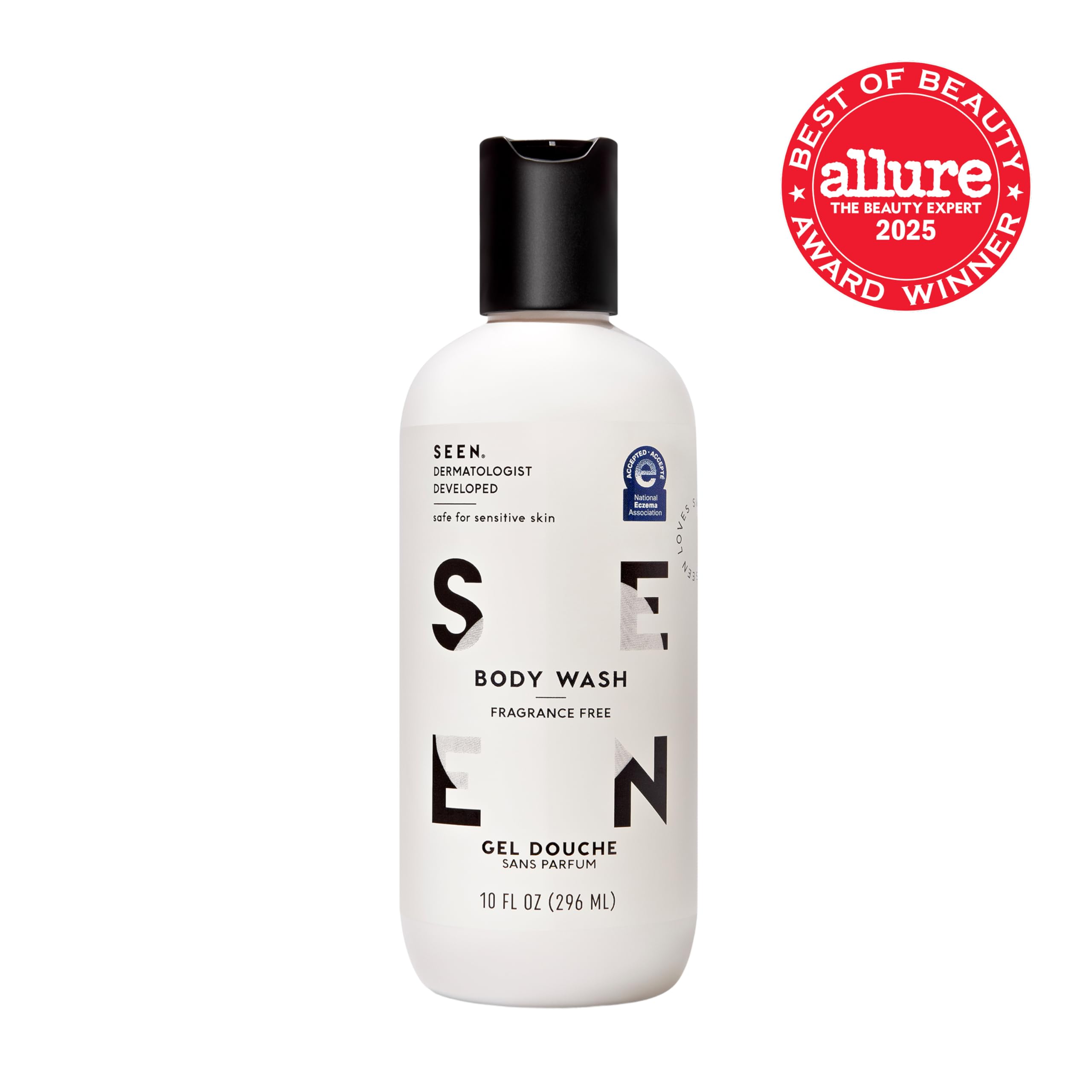 SEEN fragrance-free body wash product-in-natural-light showcases vegan and cruelty-free credentials.