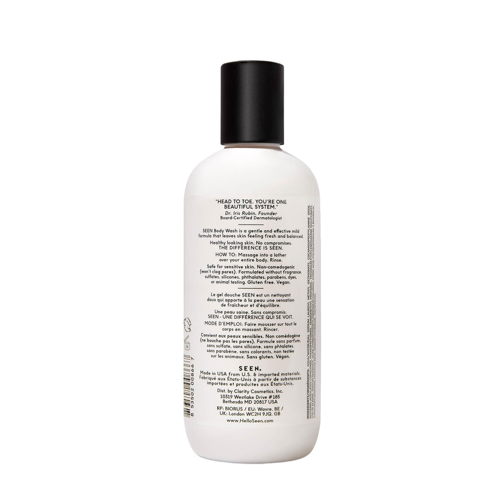 SEEN fragrance-free body wash pump-dispenser is easy to use for sensitive skin routines.