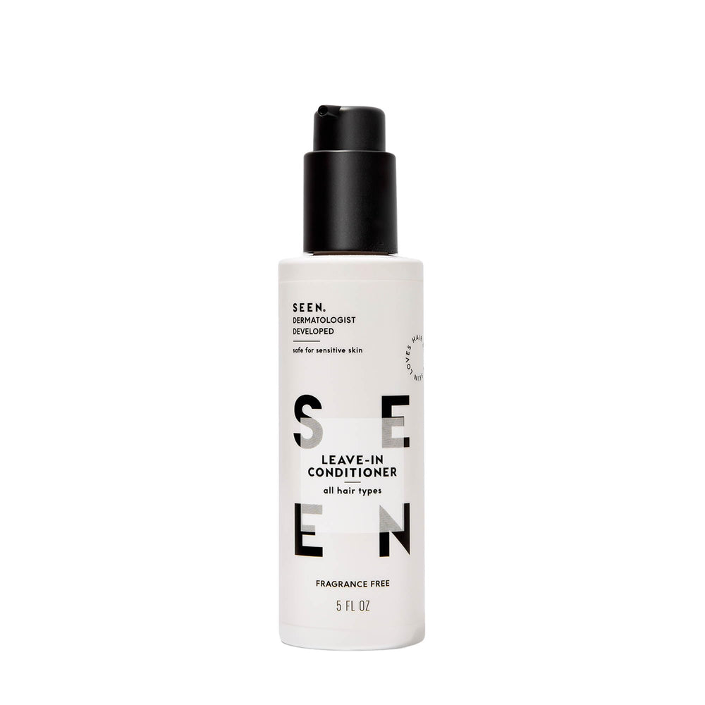 SEEN Leave-In Conditioner bottle with pump, highlighting lightweight hydration and heat protection.