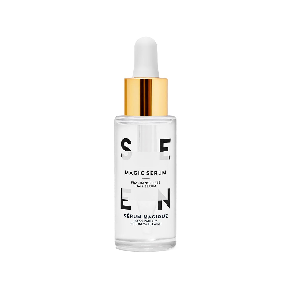 SEEN Magic Serum bottle shows fragrance-free formula ideal for sensitive skin and frizz control.