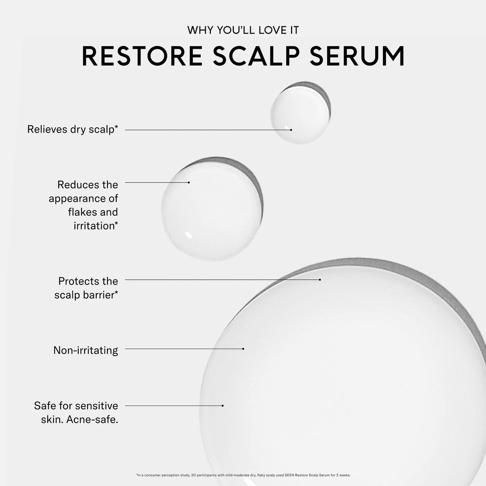 SEEN Restore Scalp Serum application shows soothing hydration on scalp.