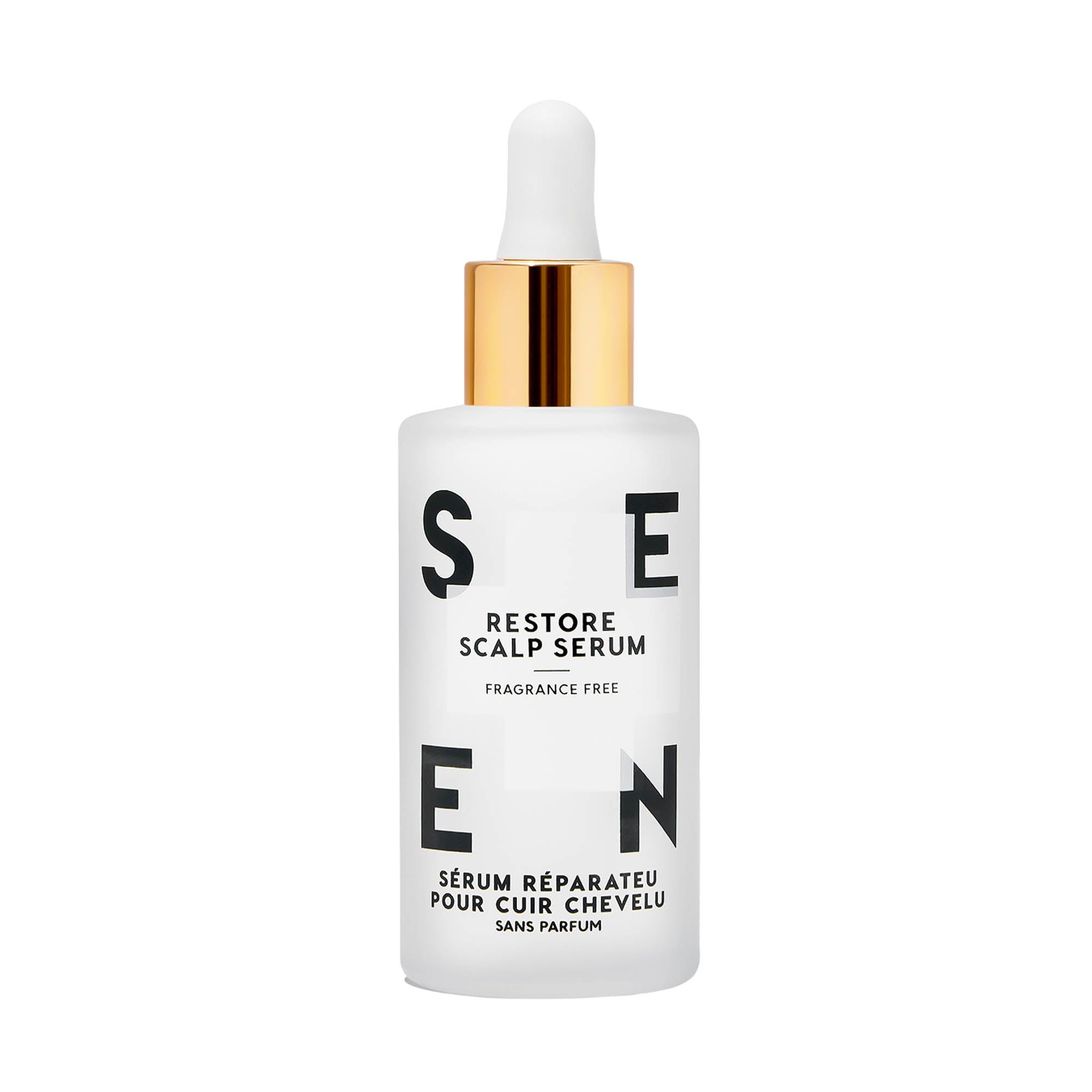 SEEN Restore Scalp Serum bottle demonstrates fragrance-free hydration for sensitive skin.