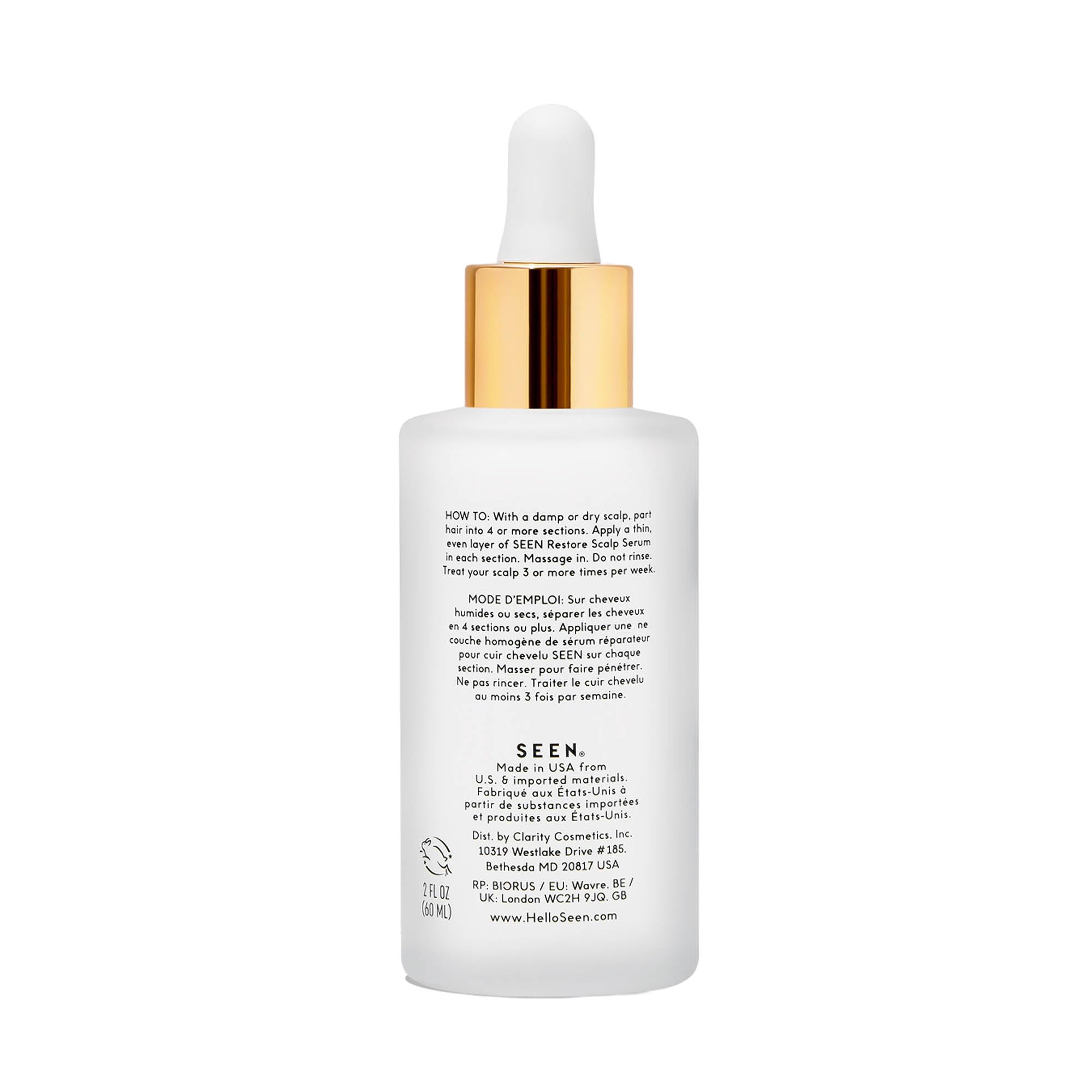 SEEN Restore Scalp Serum dropper highlights fast-absorbing, non-greasy daily care.