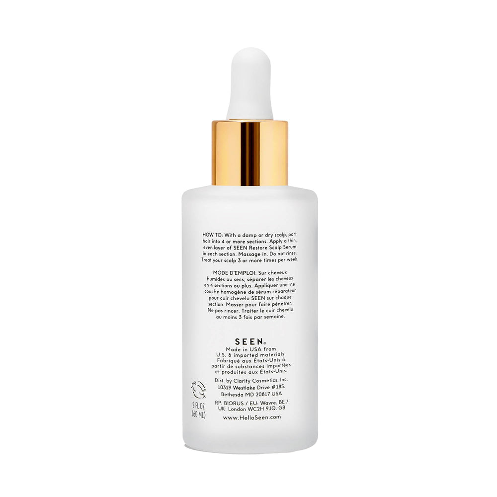 SEEN Restore Scalp Serum dropper highlights fast-absorbing, non-greasy daily care.