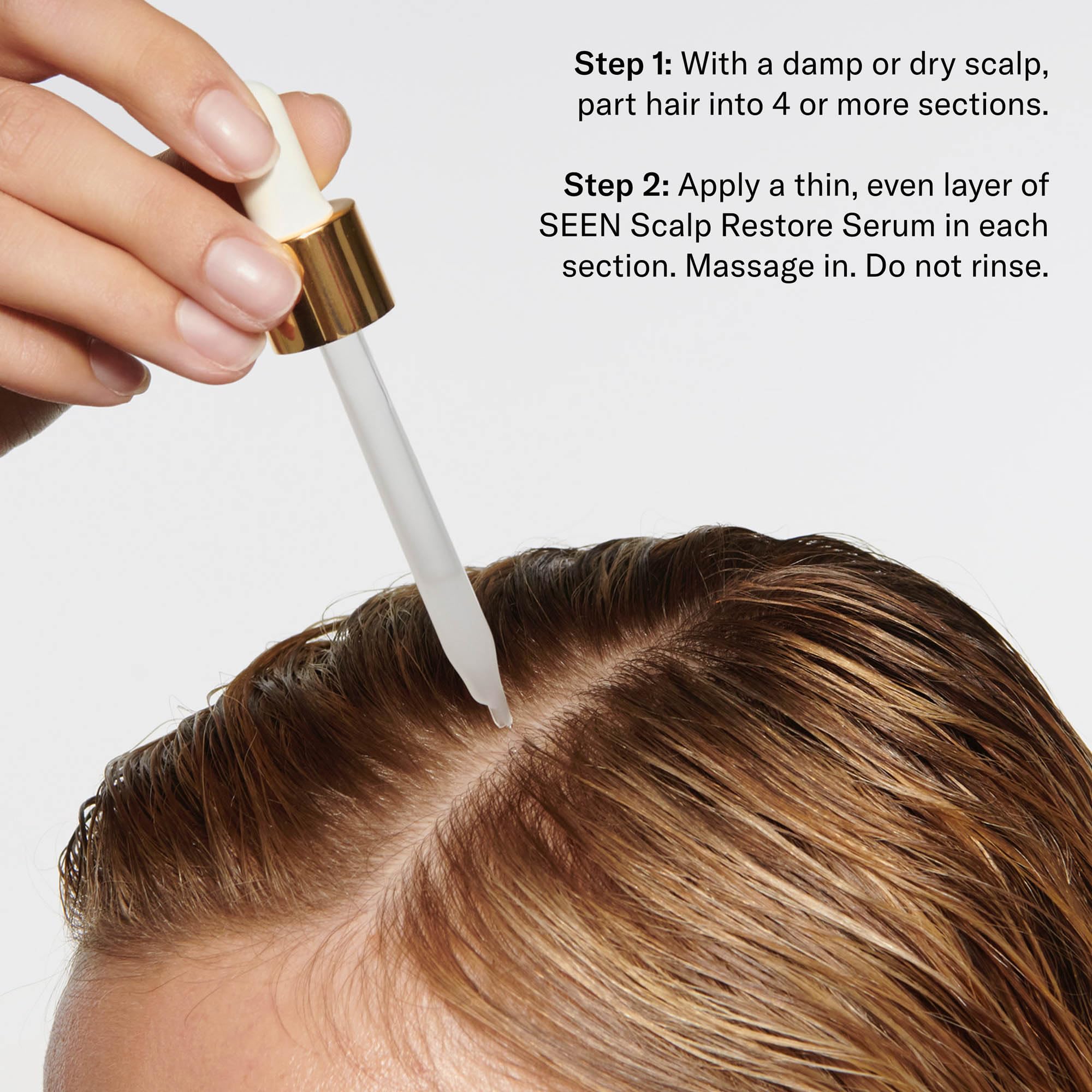 SEEN Restore Scalp Serum texture close-up shows lightweight, calming feel.
