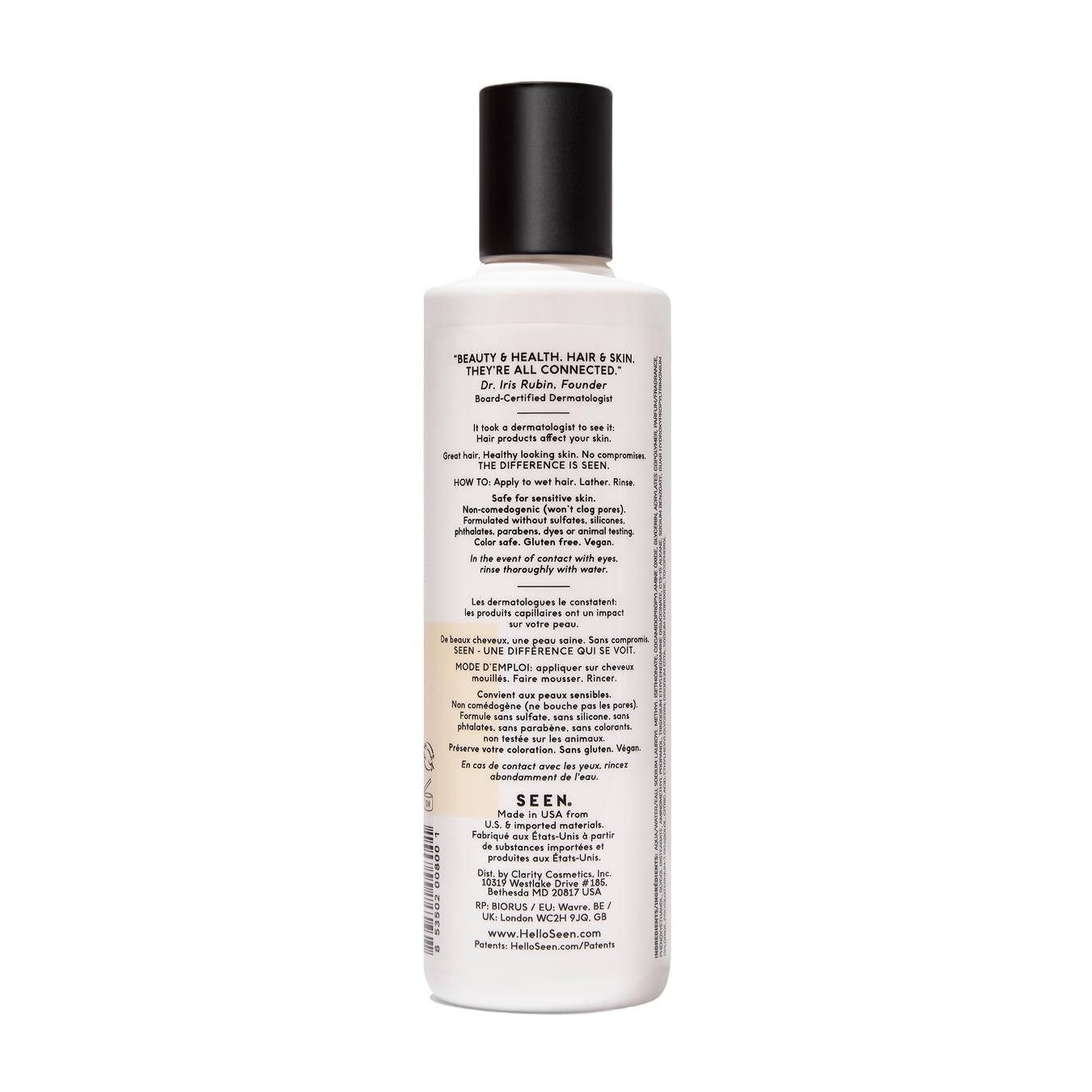 SEEN Shampoo bottle close-up highlights a smooth, non-stripping wash.