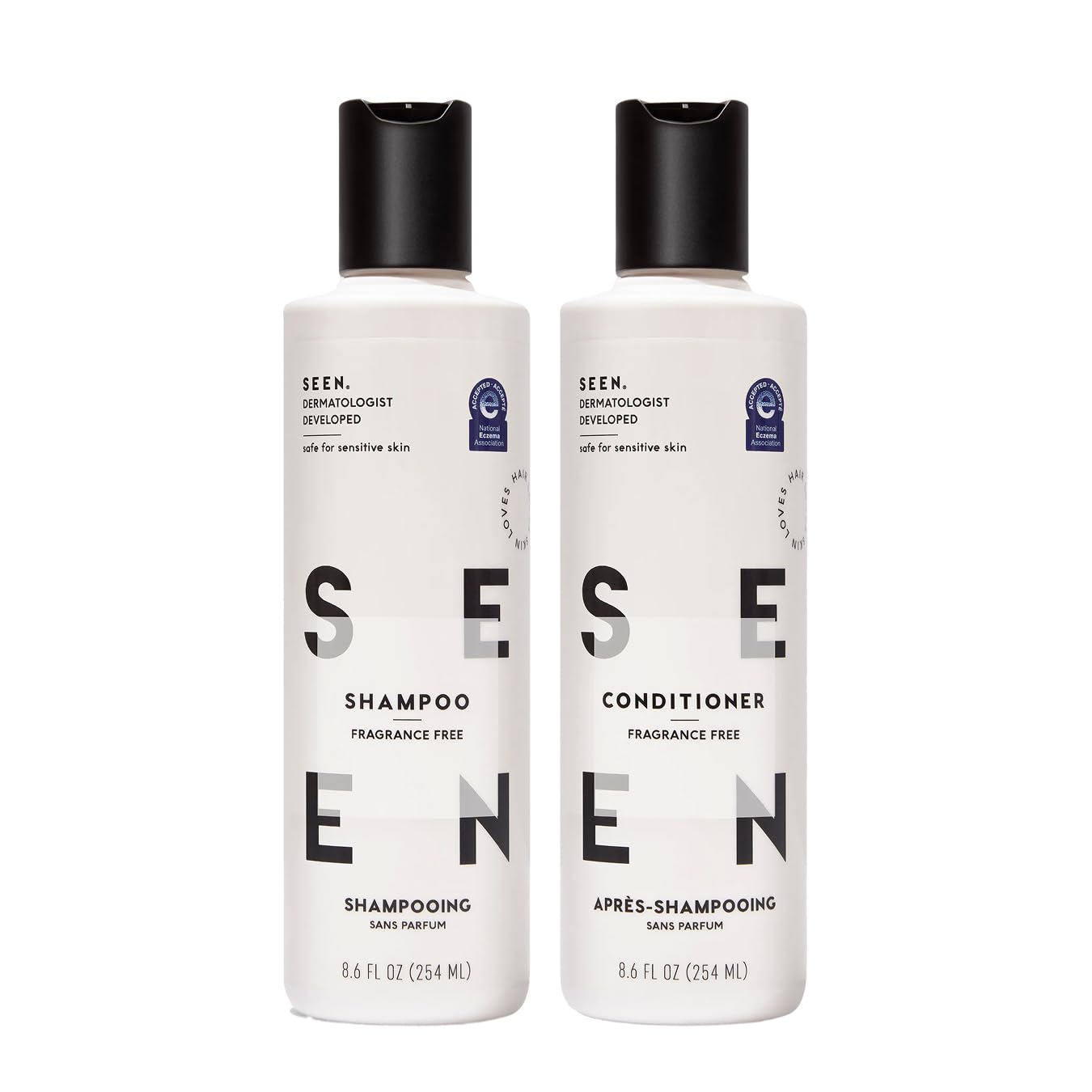 SEEN shampoo bottle showing a gentle lather for mild cleansing