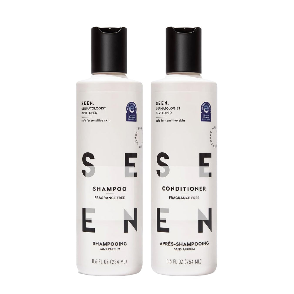SEEN shampoo bottle showing a gentle lather for mild cleansing