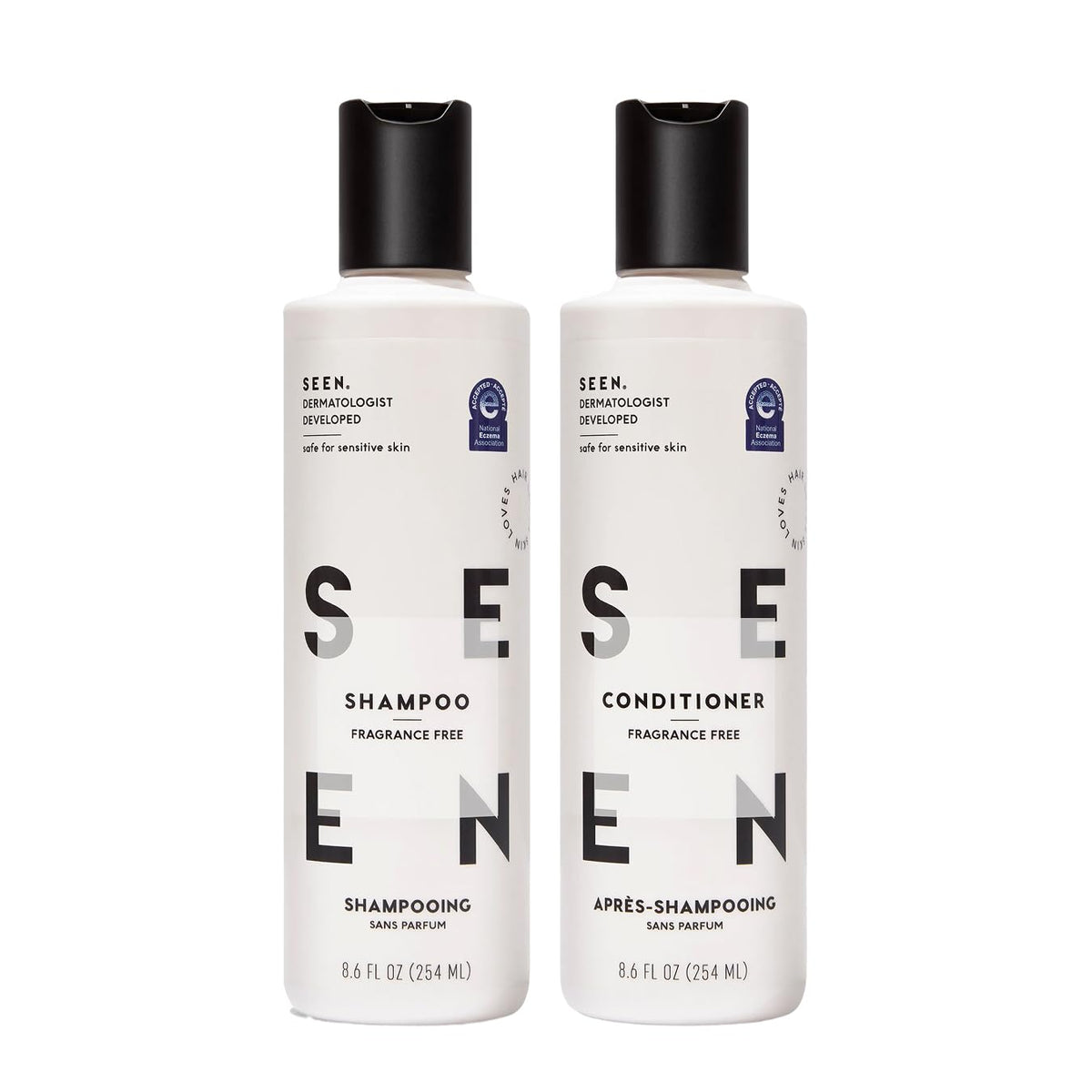 SEEN shampoo bottle showing a gentle lather for mild cleansing