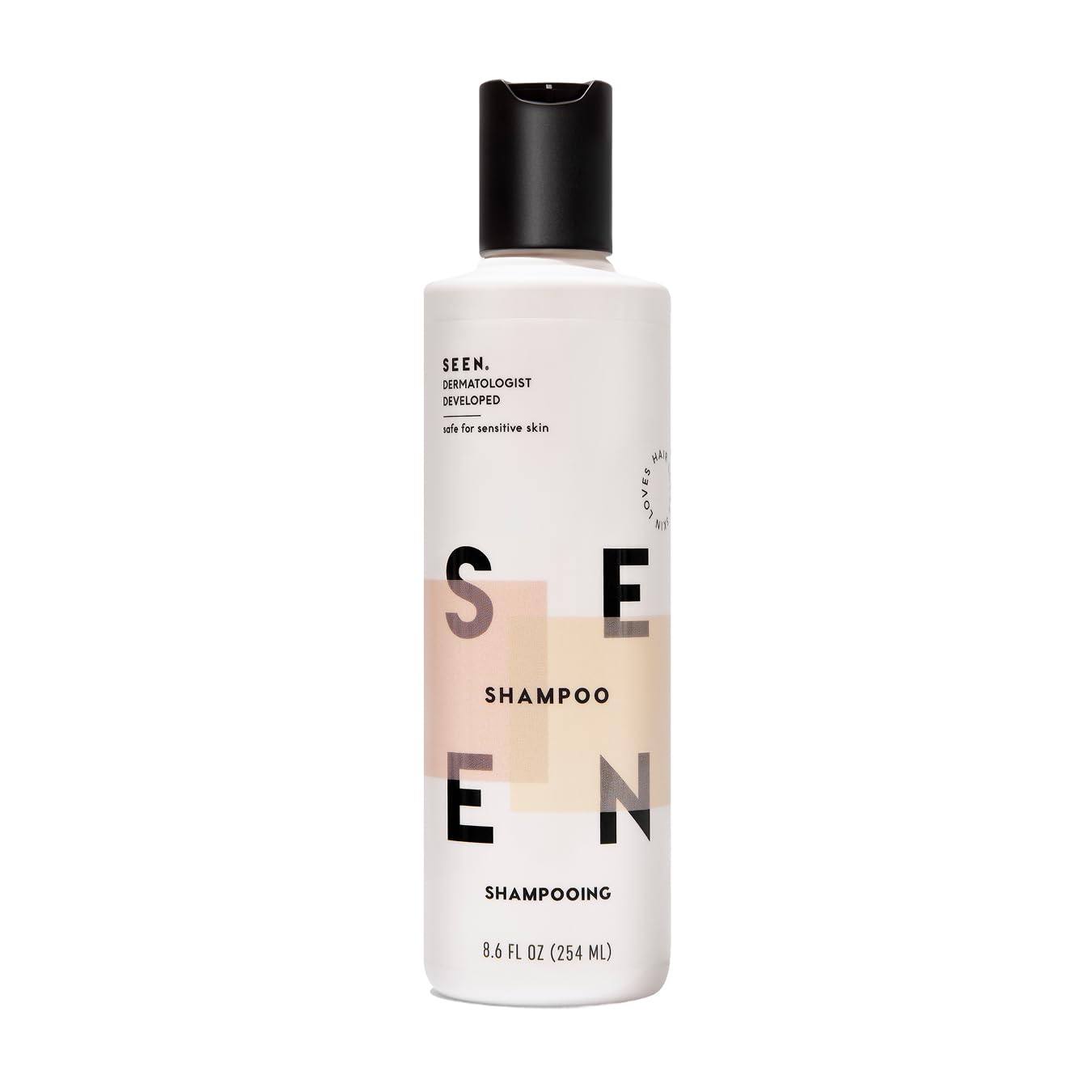 SEEN Shampoo bottle pour shows fragrance option and gentle cleansing benefits.