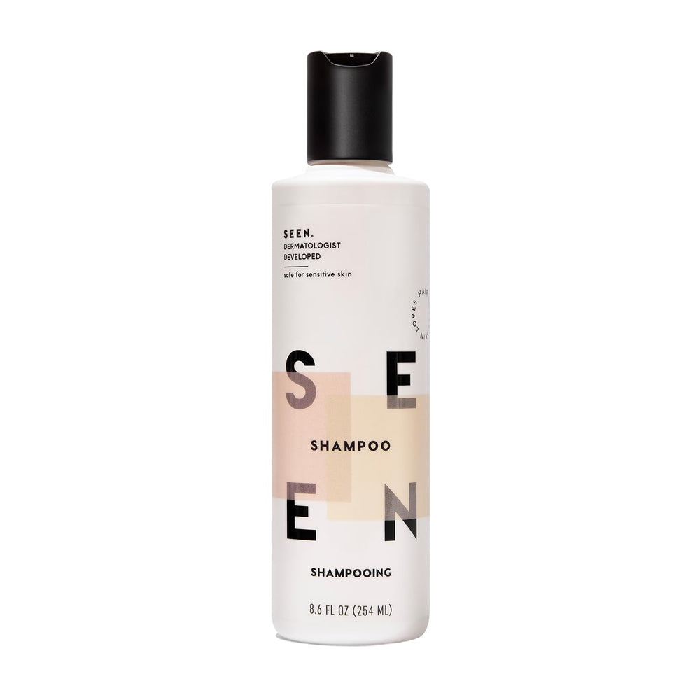 SEEN Shampoo bottle pour shows fragrance option and gentle cleansing benefits.
