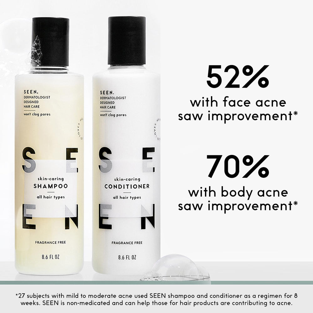 SEEN Travel Trio packaging-front shot—fragrance-free, dermatologist-developed hair care.