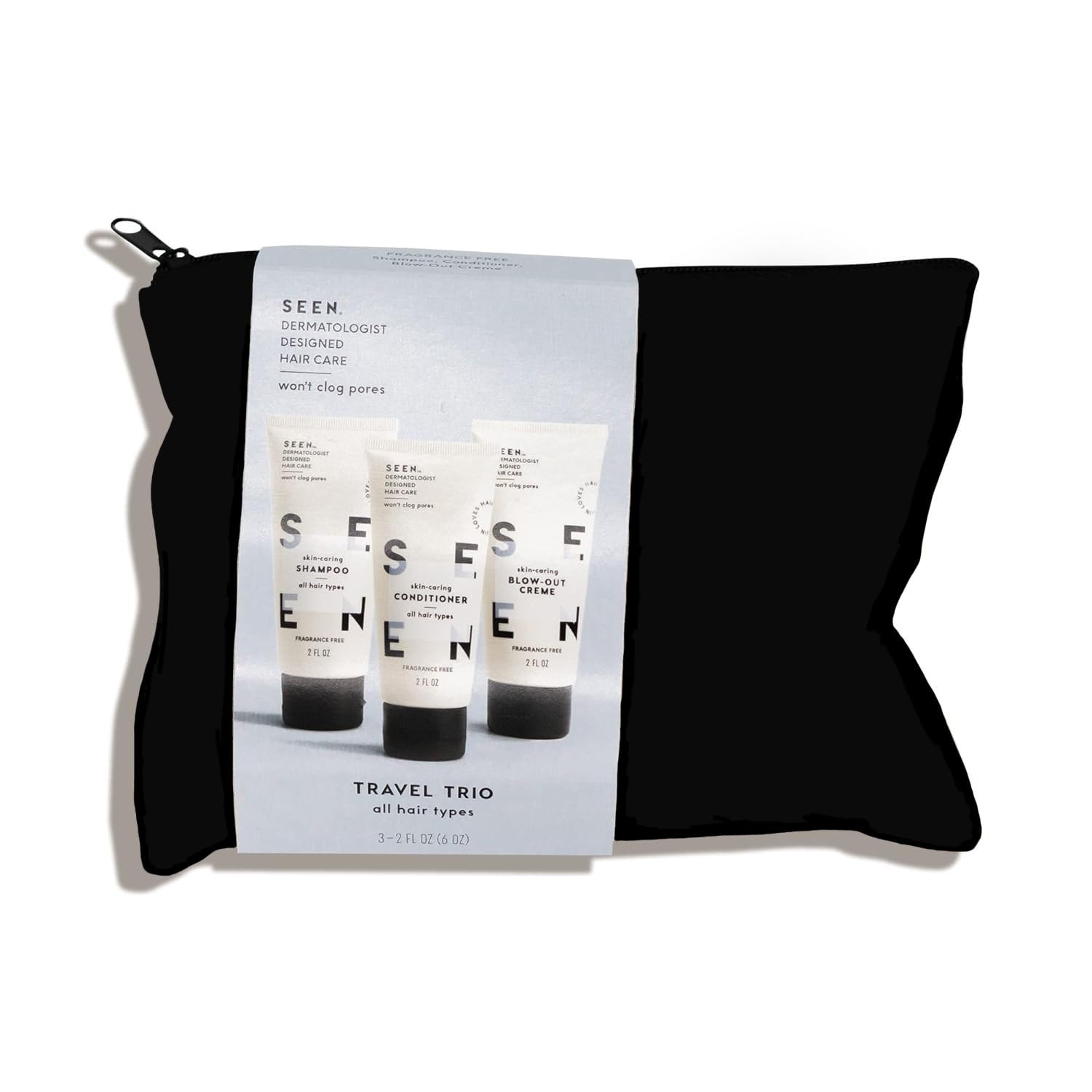 SEEN Travel Trio shampoo mini bottle—fragrance-free cleansing for sensitive hair.