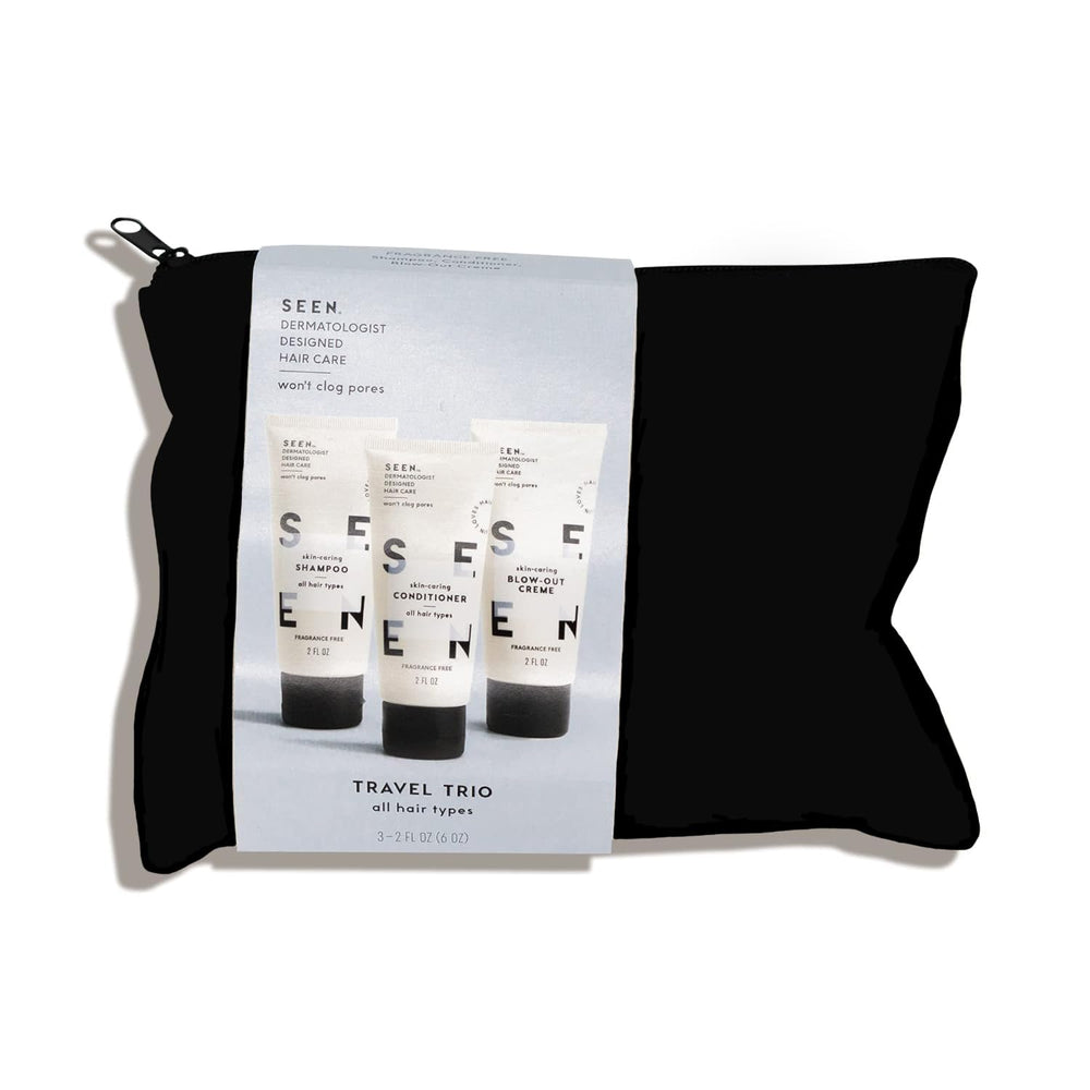 SEEN Travel Trio shampoo mini bottle—fragrance-free cleansing for sensitive hair.