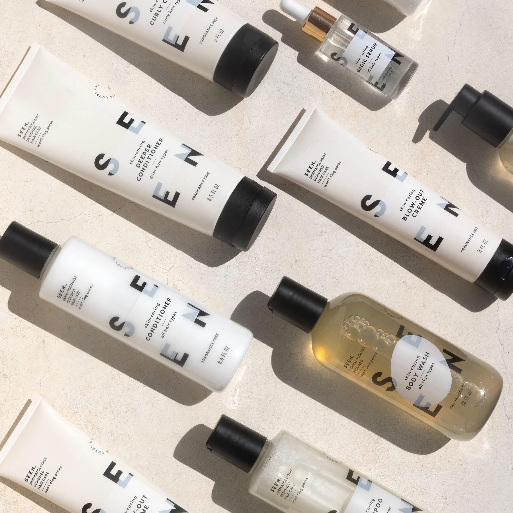 SEEN Travel Trio travel-kit box—complete fragrance-free hair care in mini TSA-friendly sizes.