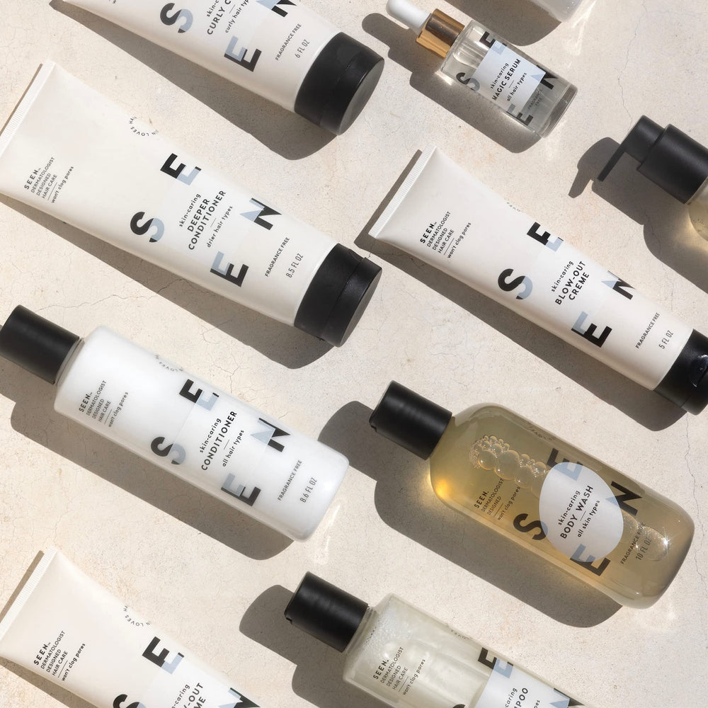 SEEN Travel Trio travel-kit box—complete fragrance-free hair care in mini TSA-friendly sizes.