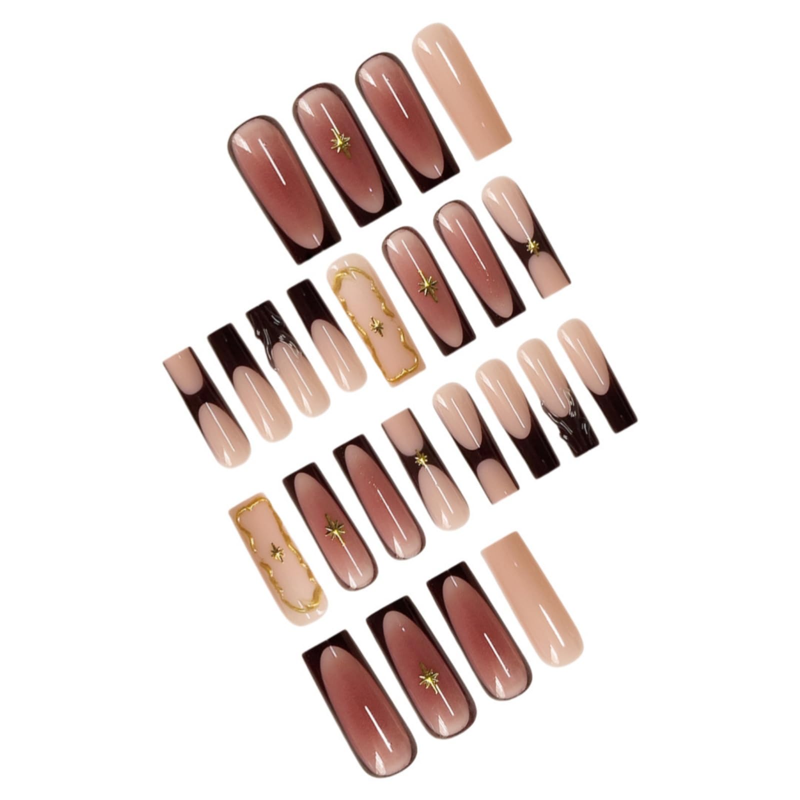 SEENEEY French brown nails with gold charm accents for stylish detail.