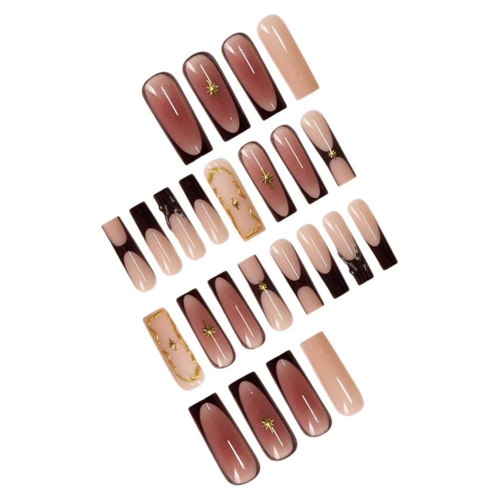SEENEEY French brown nails with gold charm accents for stylish detail.