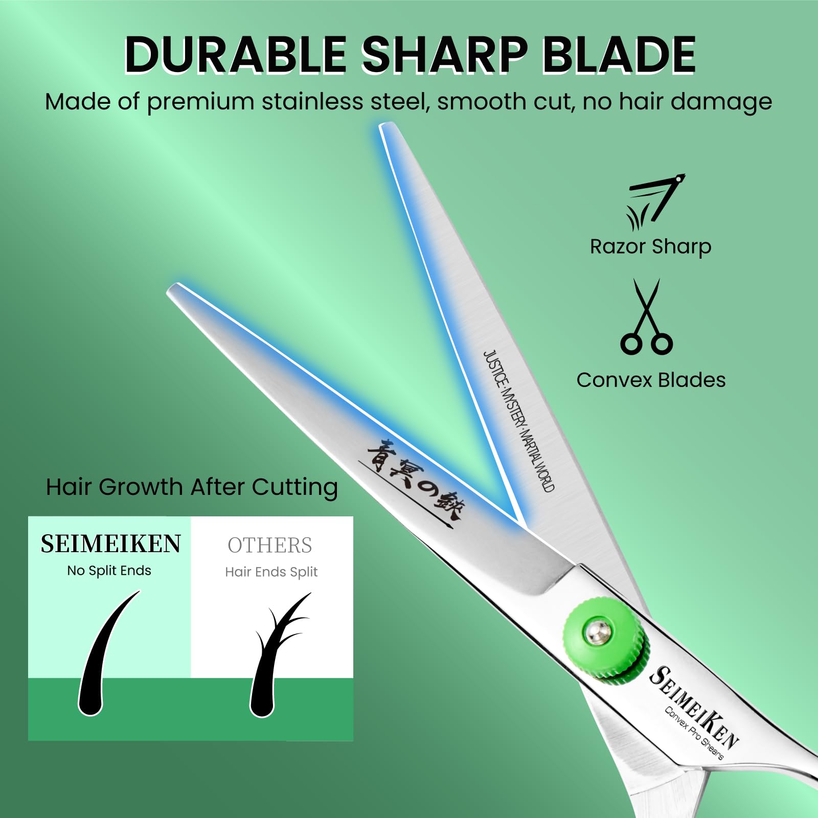 Close-up of SEIMEIKEN 440C steel blades for sharp wet or dry hair.