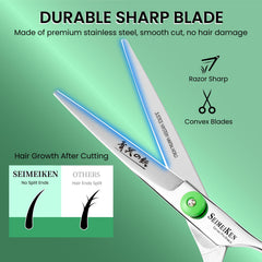 Close-up of SEIMEIKEN 440C steel blades for sharp wet or dry hair.