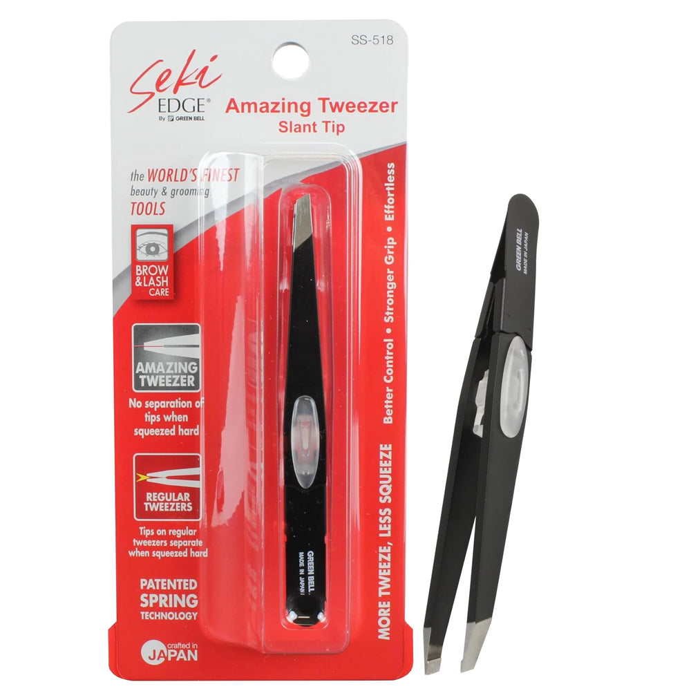 SEKI EDGE SS-518 slant-tip tweezer for precise eyebrow shaping.